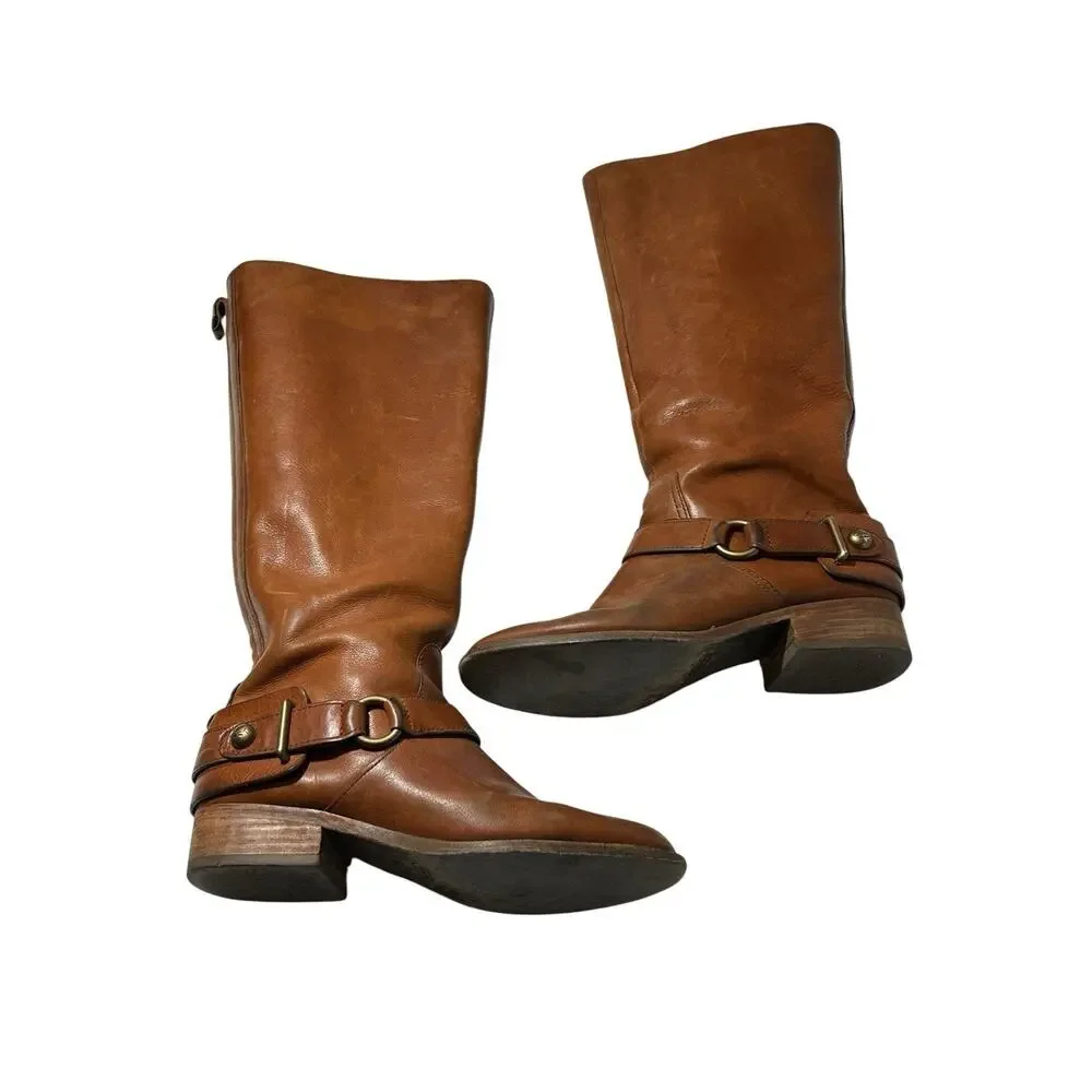 Coach Natale Harness Riding Boots Women 7.5B Cognac Leather Knee High Equestrian